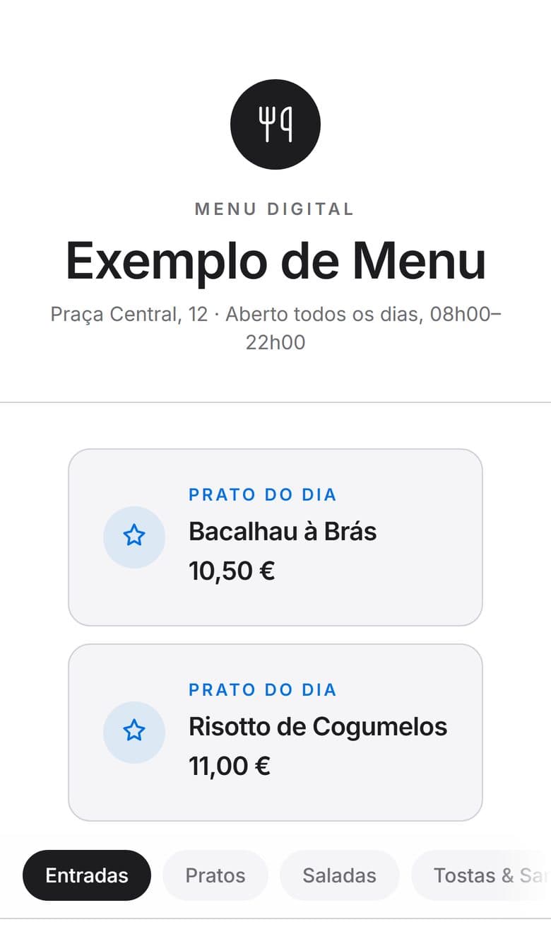 Demonstração de menu digital — Formato página única
