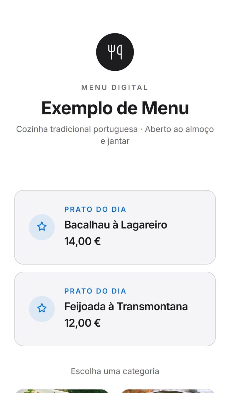 Demonstração de menu digital — Formato por categorias